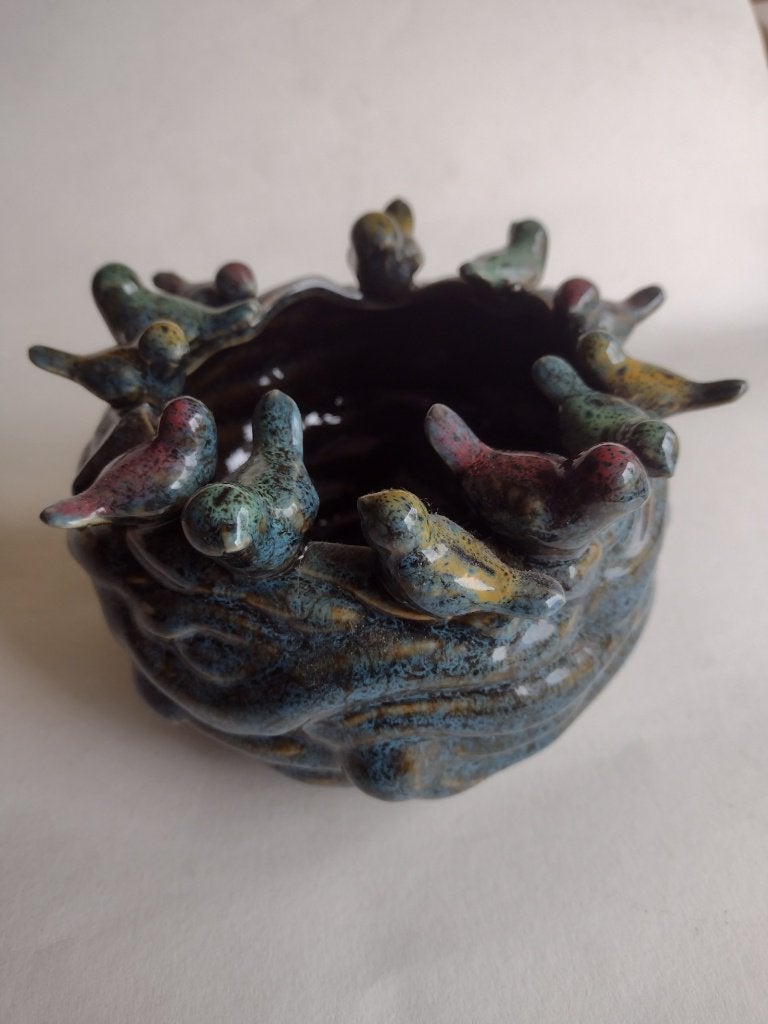 keramiek vaas / bloempot Vincent Pottery met vogels op rand, Ophalen, Zo goed als nieuw, Overige kleuren, Steen/keramiek