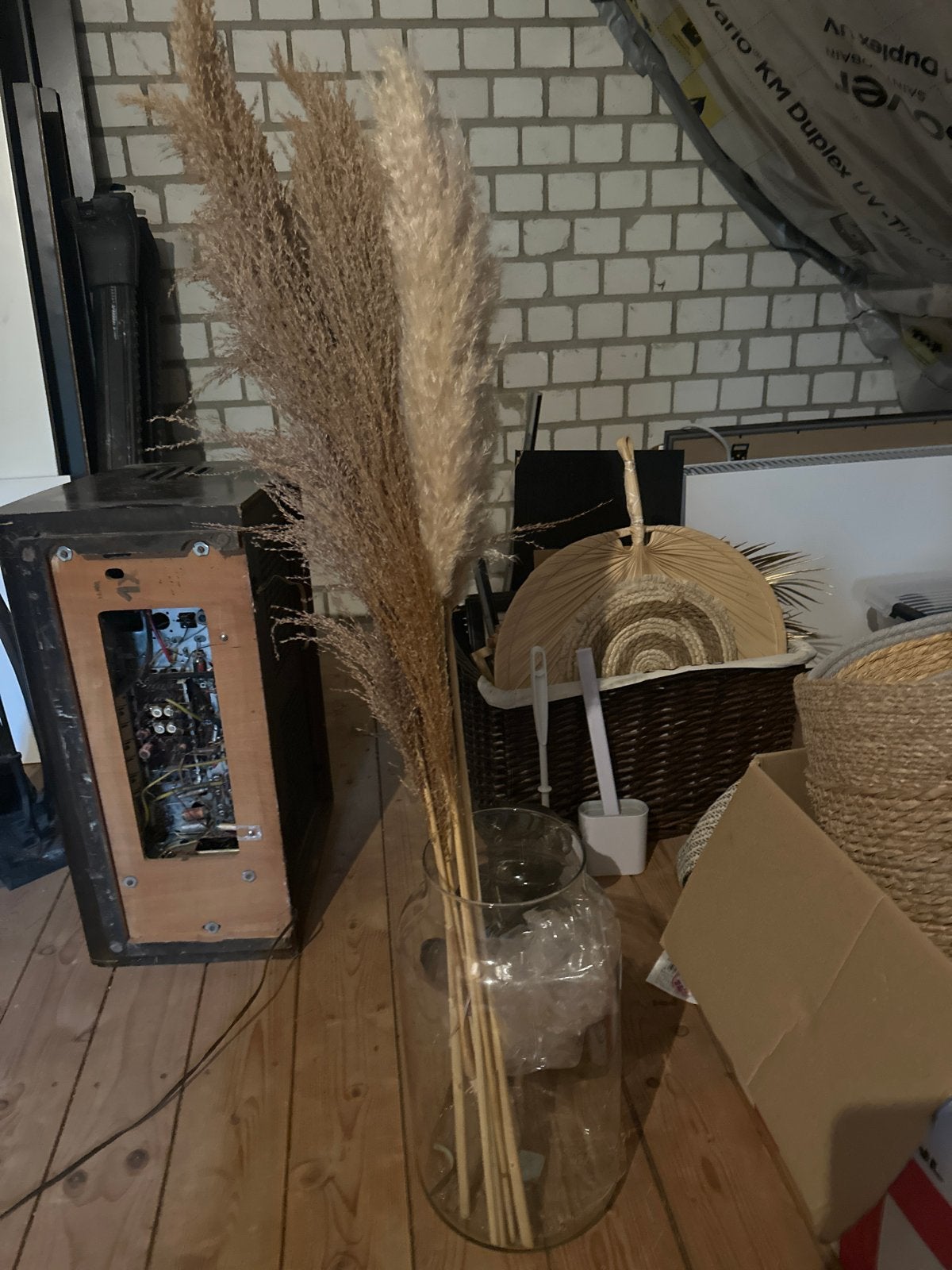 Grote glazen vaas met pluimen, Ophalen, Transparant, Geschikt voor droogbloemen, Glas