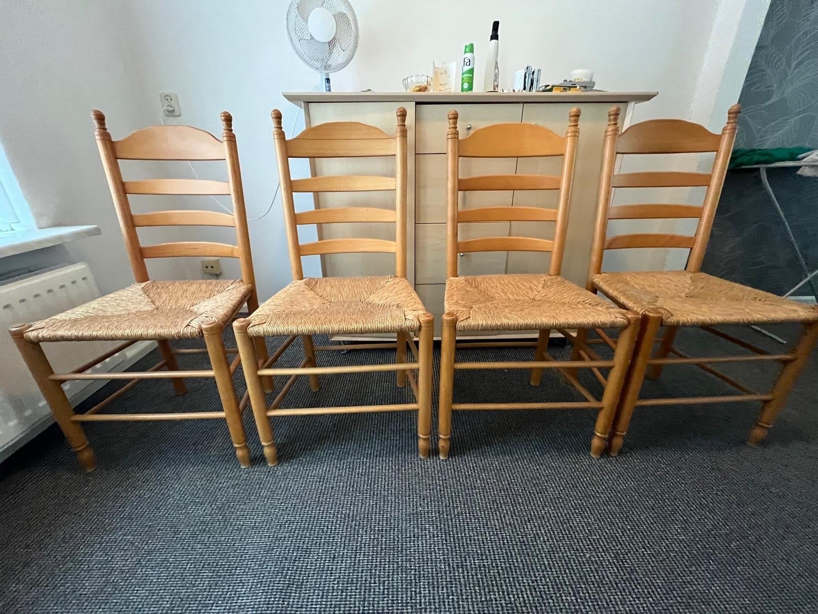 Set van 4 houten stoelen met rieten zitting, Ophalen, Gebruikt, Overige kleuren, Vier
