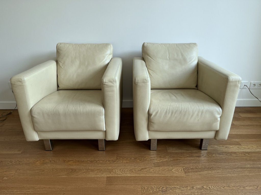 2x Montel Design Fauteuils, Wit Leer, Nette staat (Setoptie), Ophalen, Gebruikt, Modern, tijdloos, 50 tot 75 cm