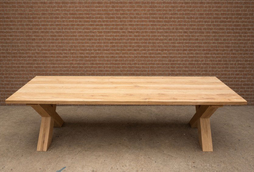 MAATWERK MASSIEF EIKEN X poot TAFEL MET HALFHOOUTVERBINDING, Ophalen of Verzenden, Zo goed als nieuw, 75 m² of meer, Parket