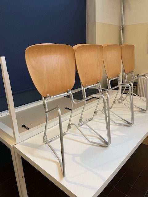 Aluflex inschuif stoelen, Gebruikt, Bruin, Vier, Hout