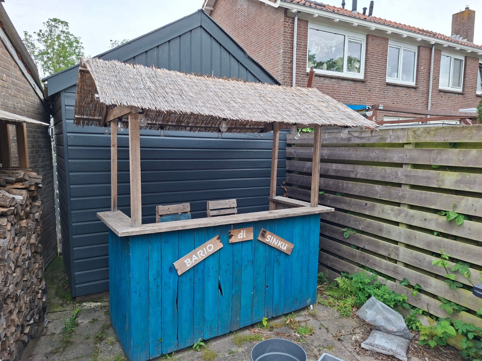 Bar tikibar met rieten dak en verlichting, Ophalen, Rechthoekig, Hout