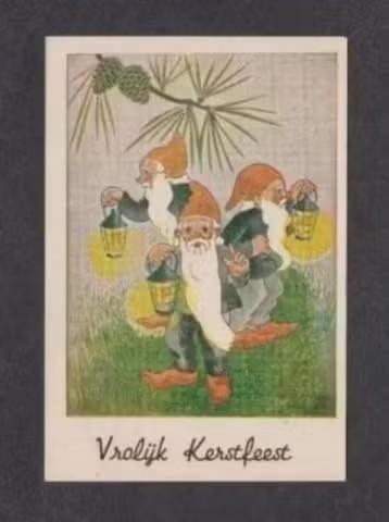Vrolijk Kerstfeest Drie Kabouters Lampen Dennenappel., Ophalen of Verzenden, 1920 tot 1940, Ongelopen, Feest(dag)