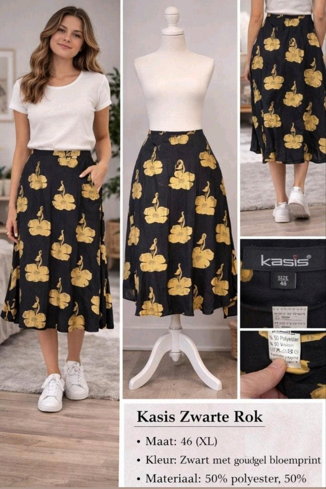 Kasis midi rok zwart met gouden bloemenprint – maat 46 (XL), Kleding | Dames, Rok, Zwart, Kasis, Ophalen of Verzenden