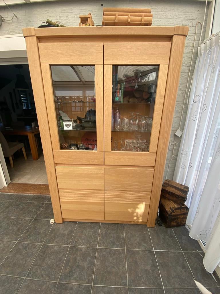 Eikenhouten vitrinekast met glazen deuren, Ophalen, Gebruikt, 100 tot 150 cm, 200 cm of meer