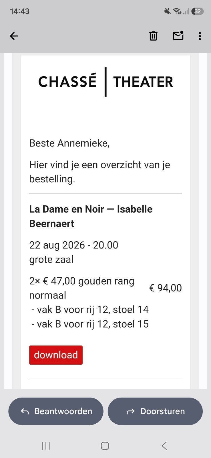2 tickets dansvoorstelling Isabelle Beernaert 22-8-2026, Tickets en Kaartjes, Twee personen