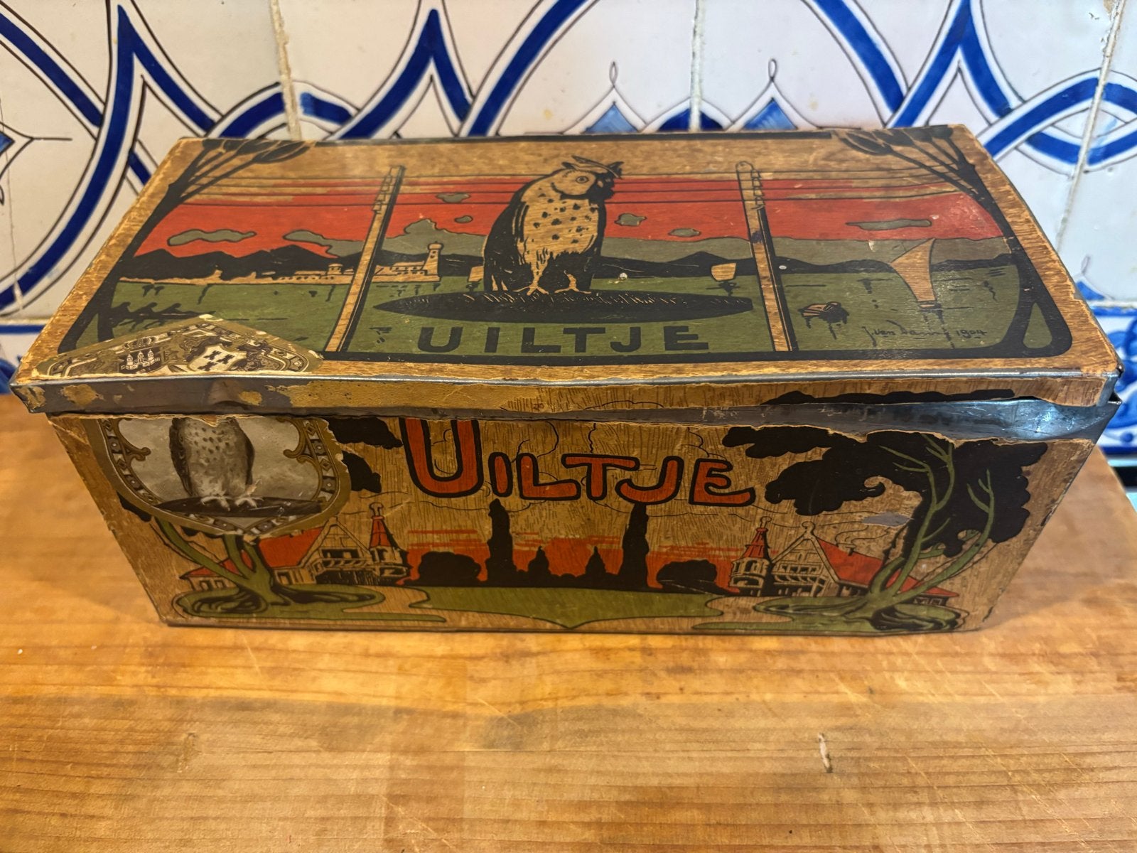 Antiek 'Uiltje' sigarenblik - Decoratief verzamelobject, Antiek en Kunst, Ophalen of Verzenden