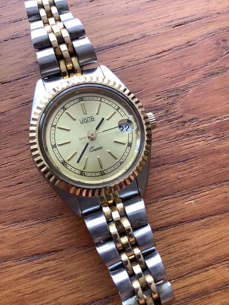 vintage lasita quartz dameshorloge bicolor + datum nieuw nos, Staal, Staal, Polshorloge, Zo goed als nieuw