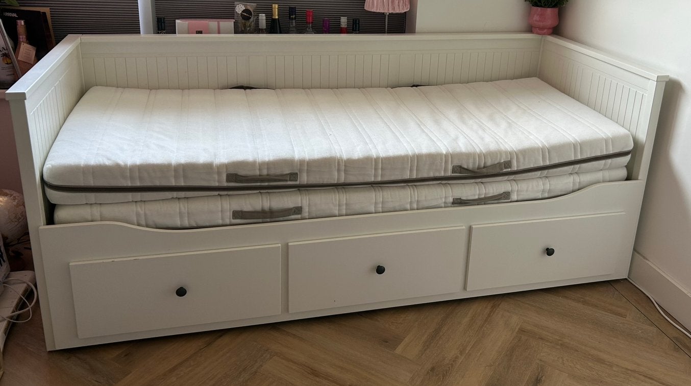 Ikea bed HEMNES uitschuifbed bedbank inc. matrassen, Ophalen, Eenpersoons, Wit, 80 cm