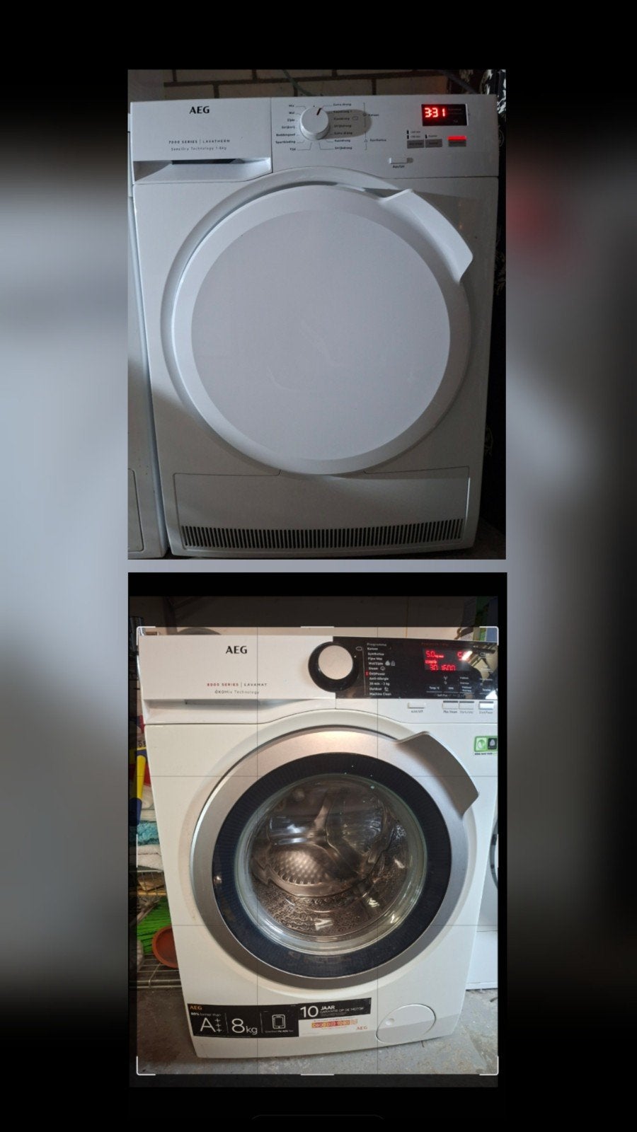 AEG Wasmachine 8kg + Warmtepomp droger 8kg, 8 tot 10 kg, Ophalen, 1600 toeren of meer, 85 tot 90 cm