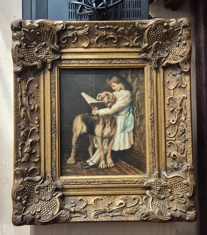 Schilderij kind met hond op paneel met lijst, Ophalen of Verzenden