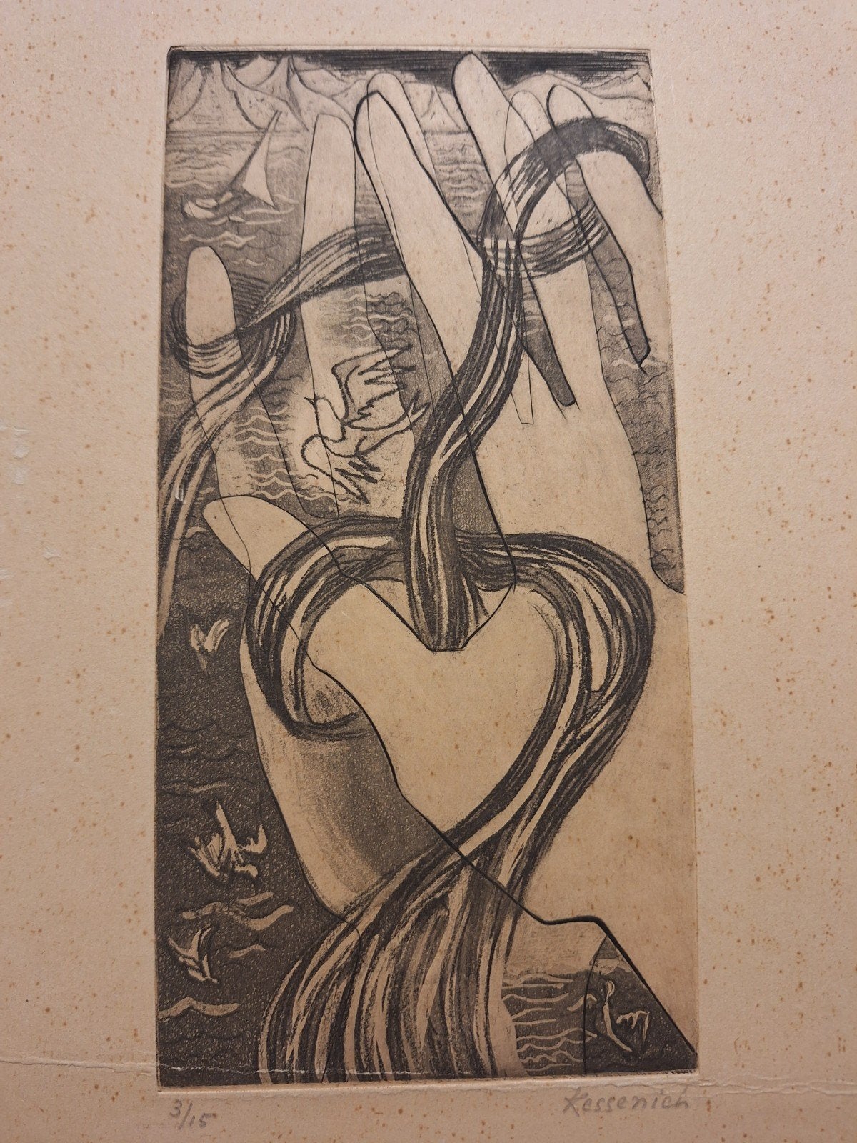 Ets 'Handen van Kessenich' - Ges, Antiek en Kunst, Ophalen of Verzenden, Gesigneerd, Landschap, 1950 - 1999