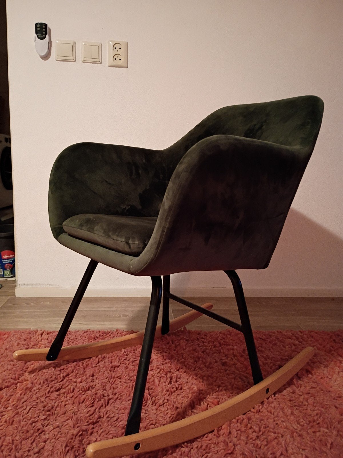 Donkergroene fluwelen schommelstoel, Huis en Inrichting, Stoelen, Gebruikt, Overige kleuren, Ophalen of Verzenden, Stof