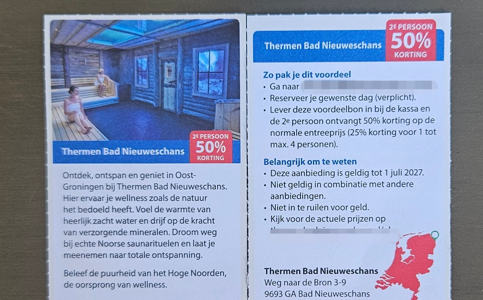Sauna Thermen Bad Nieuweschans 2e persoon 50% korting., Tickets en Kaartjes, Kortingsbon, Spa of Sauna
