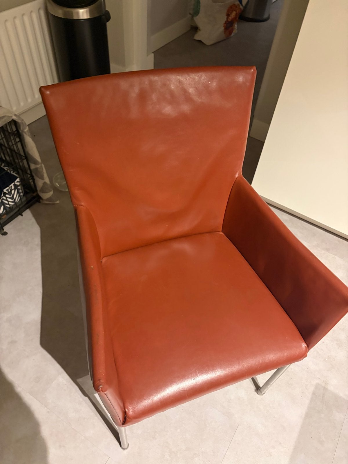Enzo Luca 6 eetkamerstoelen - Cognac leer met metalen poten, Huis en Inrichting, Ophalen, Gebruikt, Bruin, Leer