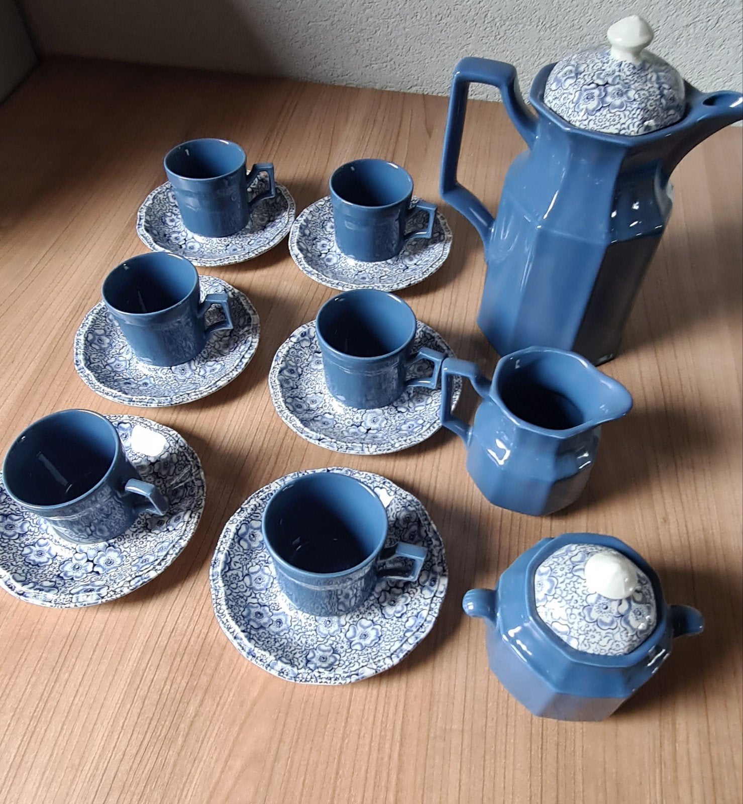 Vintage blauw koffieservies met bloemmotief, Ophalen of Verzenden