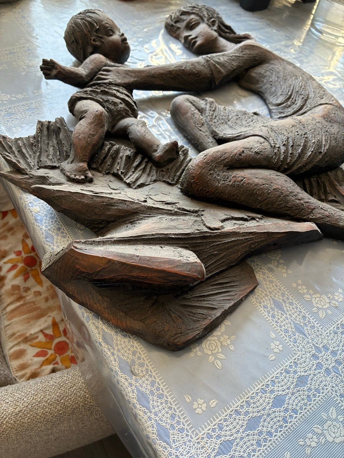 Moeder en kind sculptuur - Houtsnijwerk, Ophalen, 50 - 100 cm, Handgemaakt, Hout