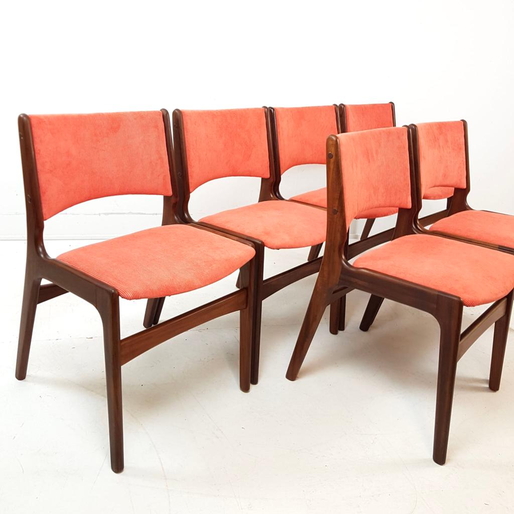 6 Deense Erik Buch stoelen nieuw gestoffeerd roze koraal, Overige kleuren, -, -, Ophalen of Verzenden
