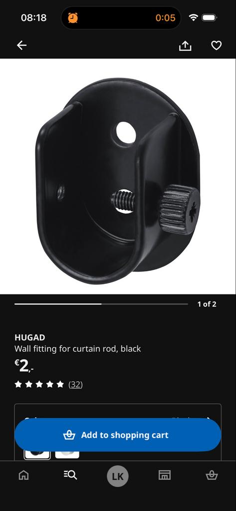 IKEA HUGAD Gordijnroedes zwart met wandbevestiging (6 st.), Ophalen, Gebruikt, Zwart