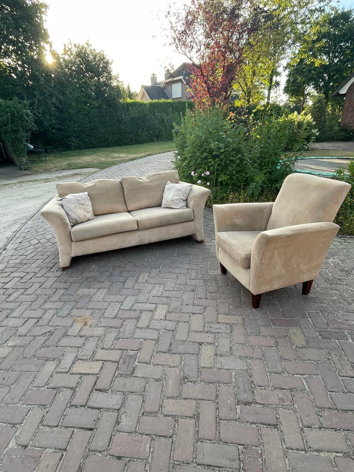 GRATIS comfortabele 2-zitsbank en fauteuil stoel - beige, Huis en Inrichting, Ophalen, Gebruikt, 75 tot 100 cm, Stof