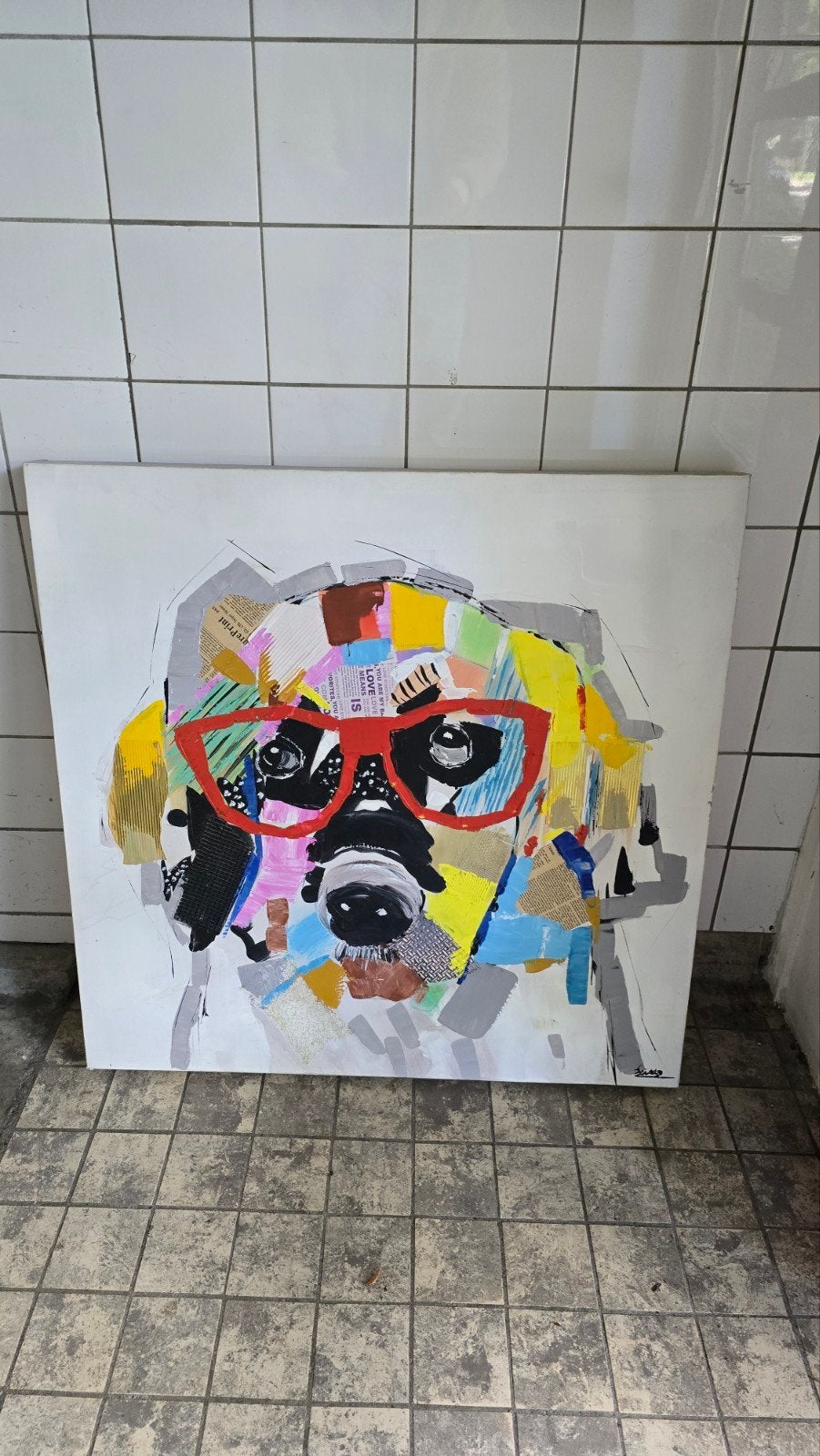 Modern schilderij: Hond met bril, collage/acryl, Antiek en Kunst, Ophalen, Dieren, Textiel, Gemengde techniek