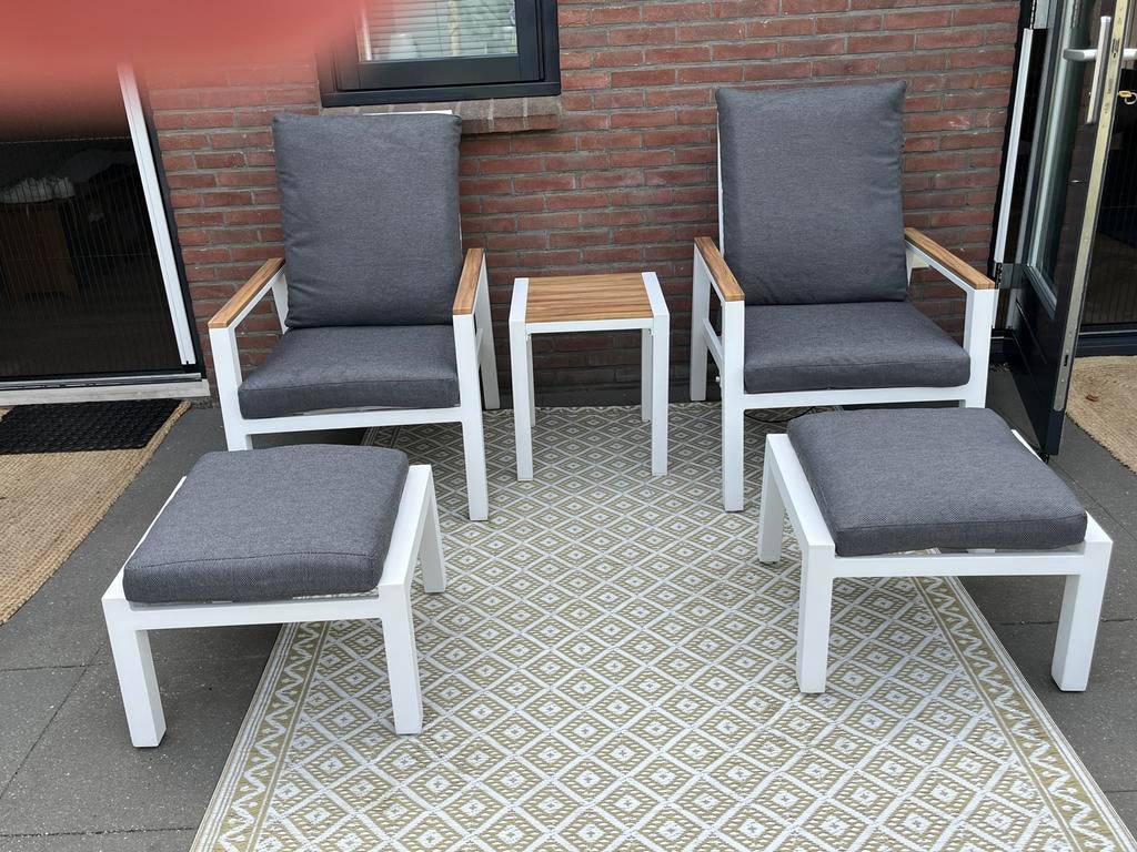 Lounge tuinset wit met houten (kunststof) accenten, Aluminium, Zo goed als nieuw, Loungeset, Stoel