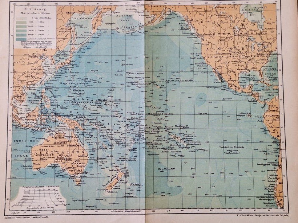 Chromolitho,1897, De Stille Oceaan., Ophalen of Verzenden, 1800 tot 2000, Nederland, Landkaart