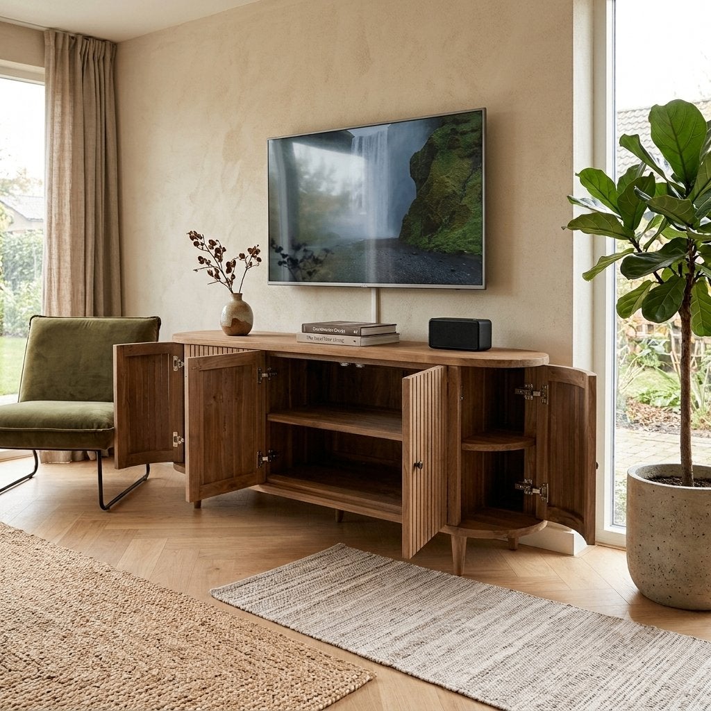 Teak TV Dressoir 160 cm, Met deur(en), 150 tot 200 cm, Teakhout, Nieuw