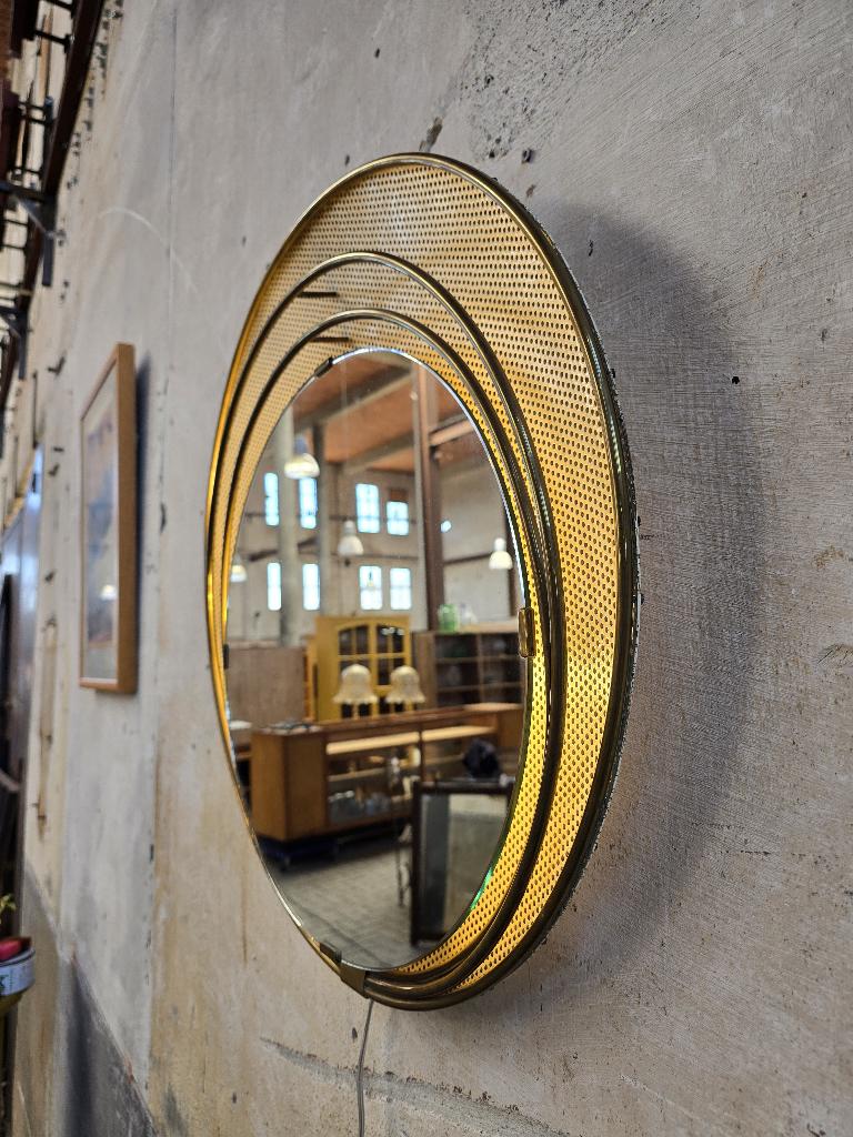 Jaren 80 Design Spiegel met Lamp | Vintage Rond Goud Messing, Huis en Inrichting, Woonaccessoires | Spiegels, Gebruikt, Rond, Ophalen of Verzenden