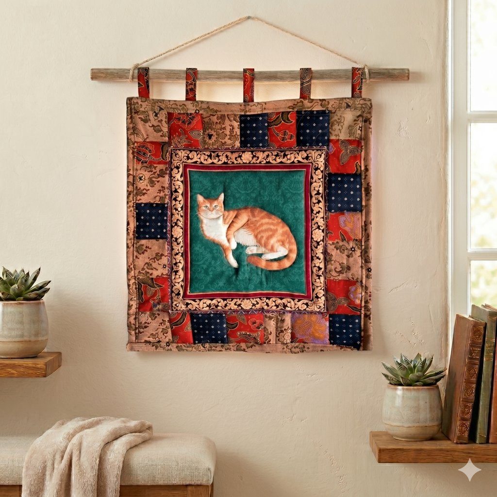 Handgemaakt wandkleed patchwork met rood witte kat 1706, -, Handgemaakt, Meerkleurig, Nieuw