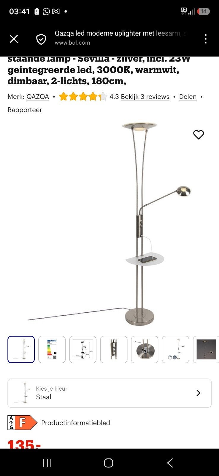 Moderne LED Vloerlamp met Leesarm - Zilver/Chroom, Zo goed als nieuw, Metaal, Modern, 150 tot 200 cm