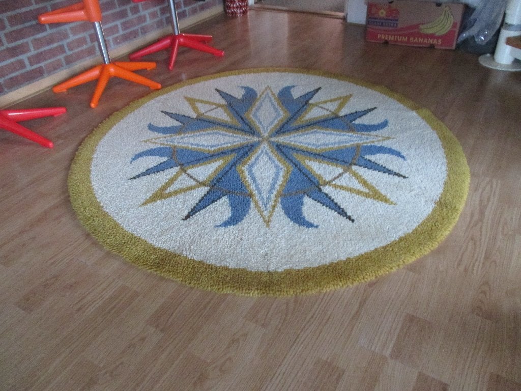 Rond vloerkleed wol pool ster jaren 70 design 145 cm retro, Gebruikt, Rond, ?, 100 tot 150 cm