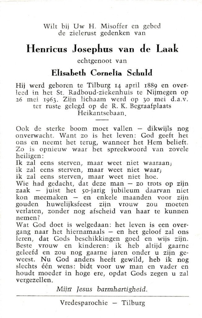 Laak Henricus 1889 Tilburg 1963, Ophalen of Verzenden, Bidprentje