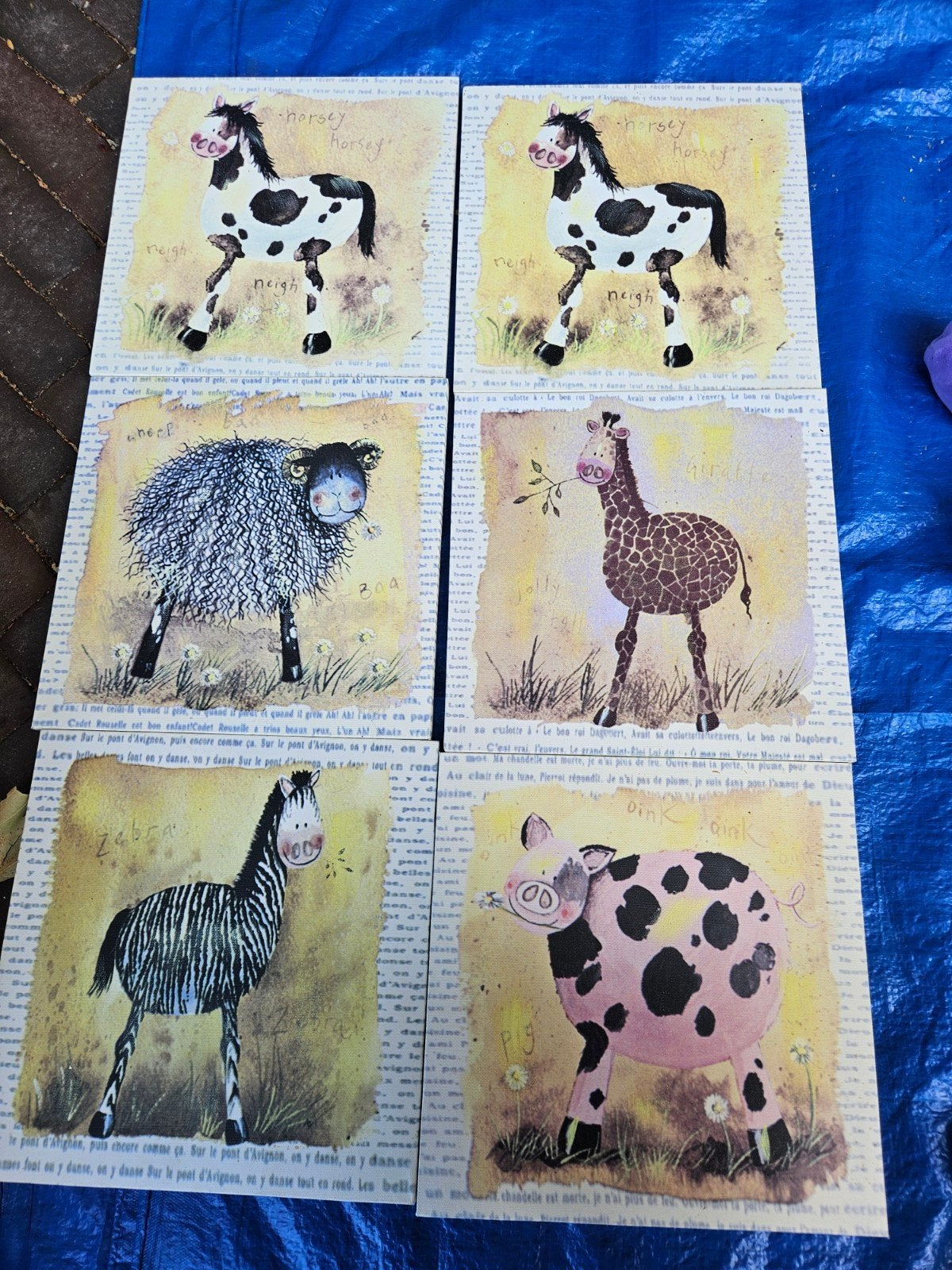 6 schilderijtjes voor de kinderkamer dieren zebra varken, Beige, Ophalen of Verzenden, Gebruikt, Wanddecoratie