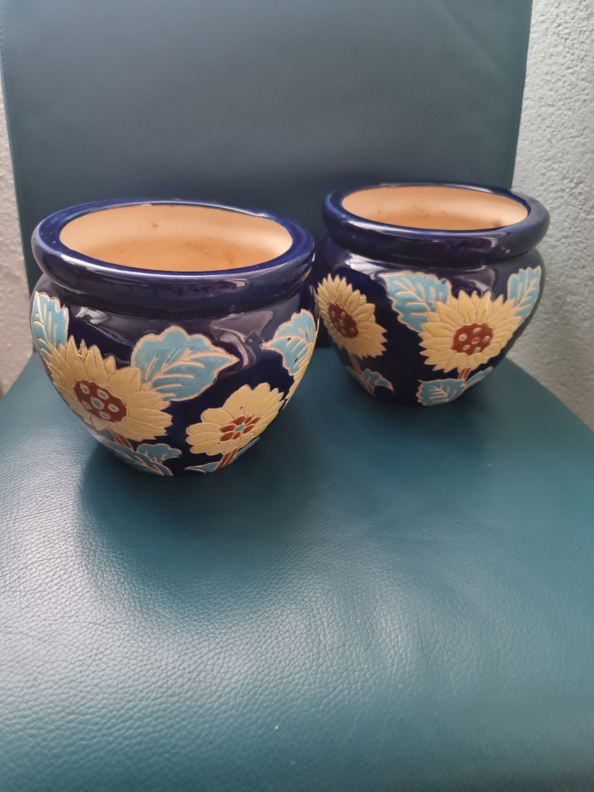 Set van 2 retro vintage bloempotten met zonnebloemmotief, Gebruikt, Rond, Ophalen of Verzenden, Balkon