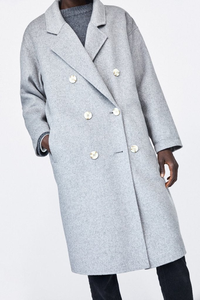 Zara grijs double-breasted oversized wollen mantel maat XS, Zara, Nieuw, Ophalen of Verzenden, Maat 34 (XS) of kleiner