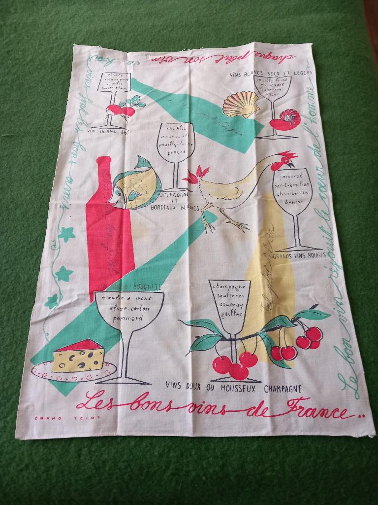vintage 60s textiel overdoek handdoek theedoek Franse wijnen, Ophalen of Verzenden