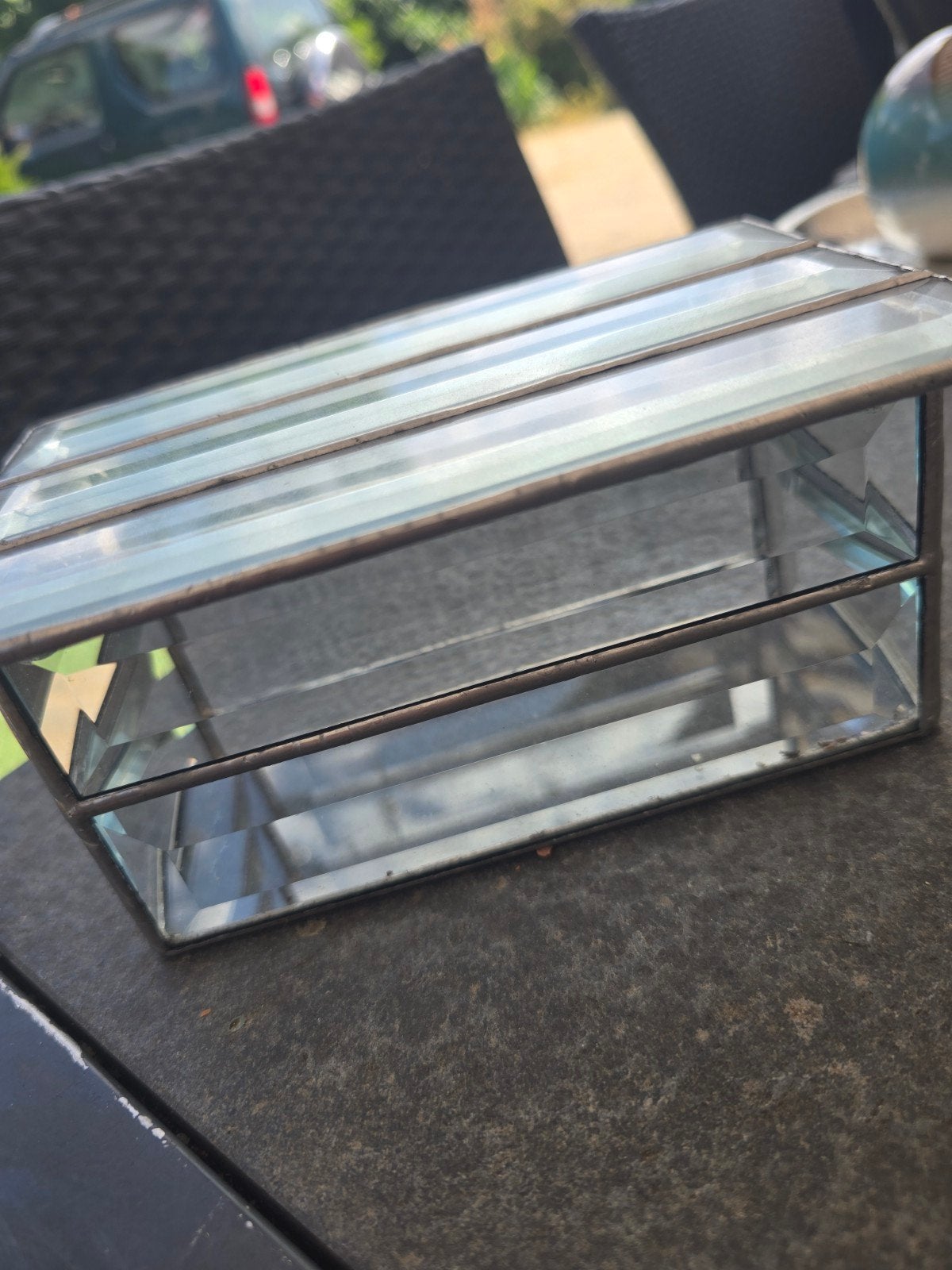 Glazen sieradendoosje met metalen frame (DOOS 2), Antiek en Kunst, Antiek | Glas en Kristal, Ophalen of Verzenden