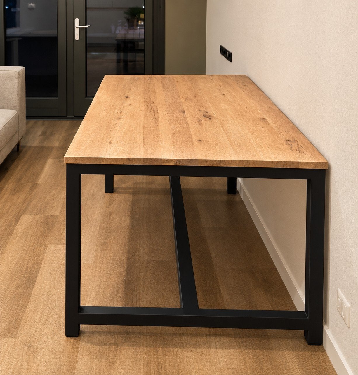 Eettafel 180 x 90 houten blad metalen onderstel, Ophalen, Gebruikt, Industrieel, Modern, 50 tot 100 cm