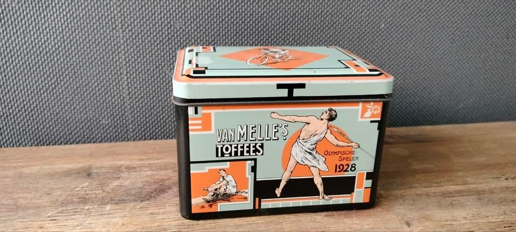 Vintage Van Melle Toffee blik Olympische Spelen 1928, Ophalen of Verzenden, Gebruikt, Overige, Overige merken