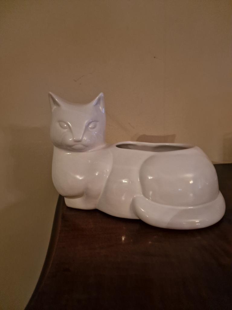 Vintage witte bloempot - kat, Ophalen of Verzenden, Zo goed als nieuw