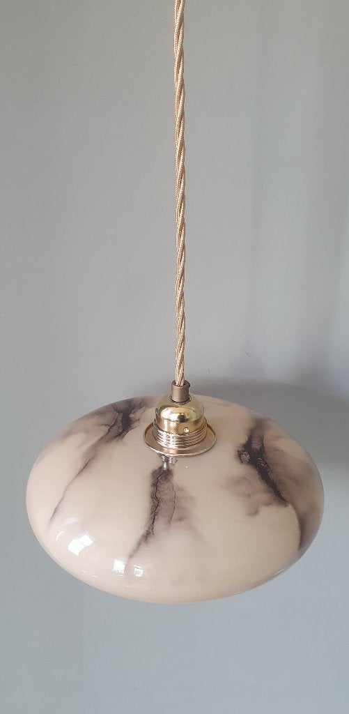 Vintage gemarmerde hanglamp - opaline glas - Art Deco stijl., Ophalen, Gebruikt, Glas, Antiek, Art Deco, Vintage, Franse lamp, marmer, glas, marble