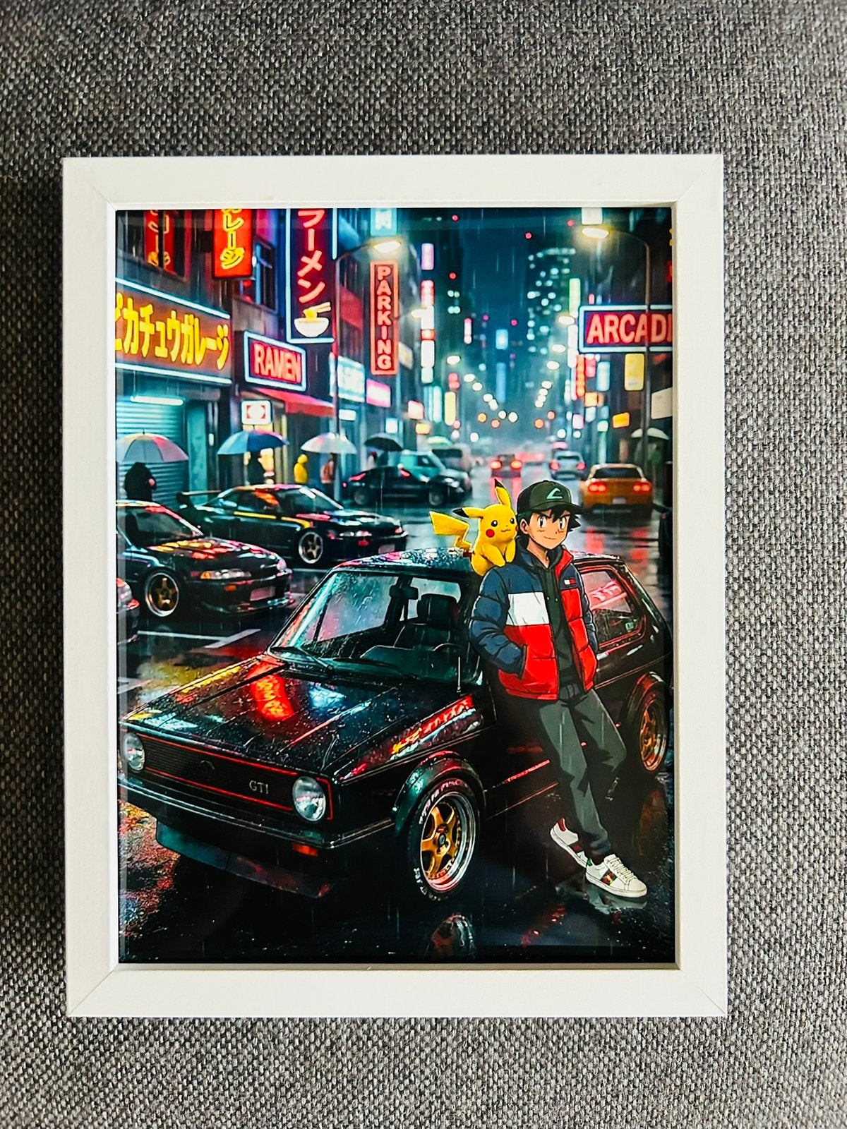 Pokémon Ash & Pikachu Golf GTI Schilderij met Lijst, Ophalen of Verzenden