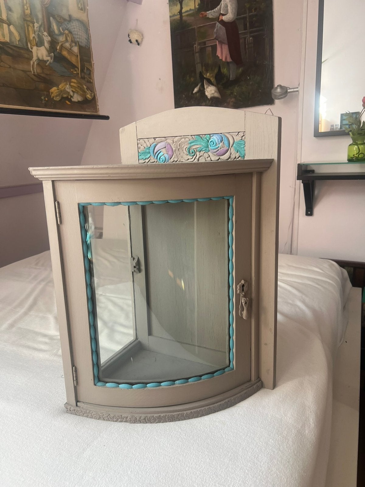 Vitrinekastje met gebogen glas, Huis en Inrichting, Ophalen, Minder dan 50 cm, Gebruikt, Eikenhout