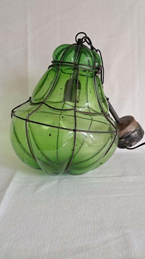 Handgeblazen Venetiaanse Kooilamp Murano Groen Glas jaren 50, Ophalen of Verzenden