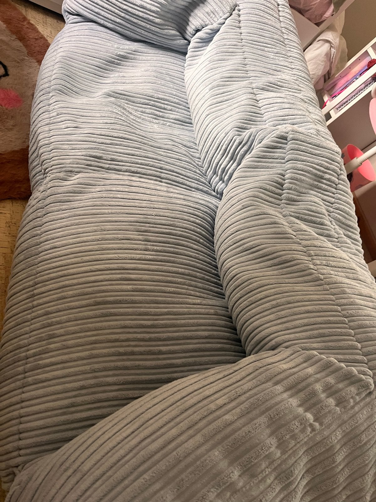 Big bertha. Loungepug zitzak bank - ribstof - lichtblauw, Ophalen, 150 tot 200 cm, Tweepersoons, 75 tot 100 cm