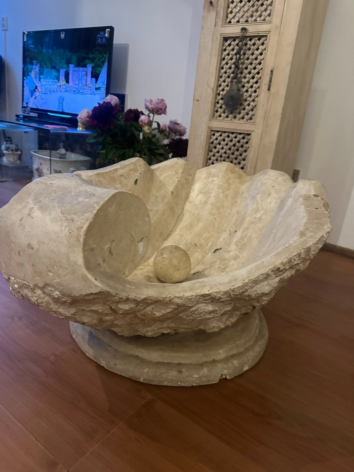 Schelp tafel voet, Ophalen of Verzenden, Zo goed als nieuw, Rond, Glas