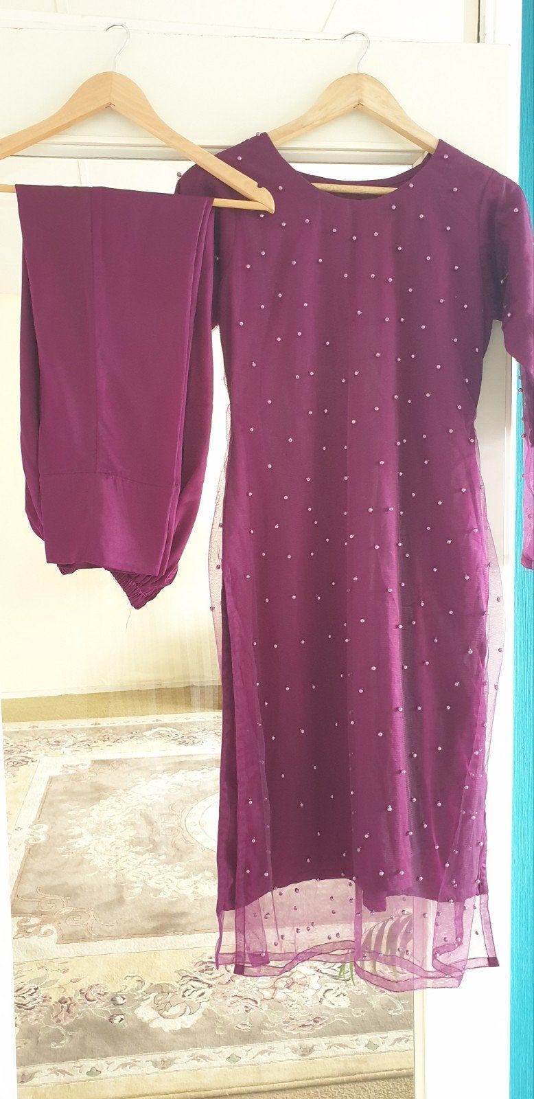 Prachtige paarse Indiase/Pakistaanse jurk met broek, Maat 38/40 (M), Paars, Ophalen of Verzenden, Onbekend