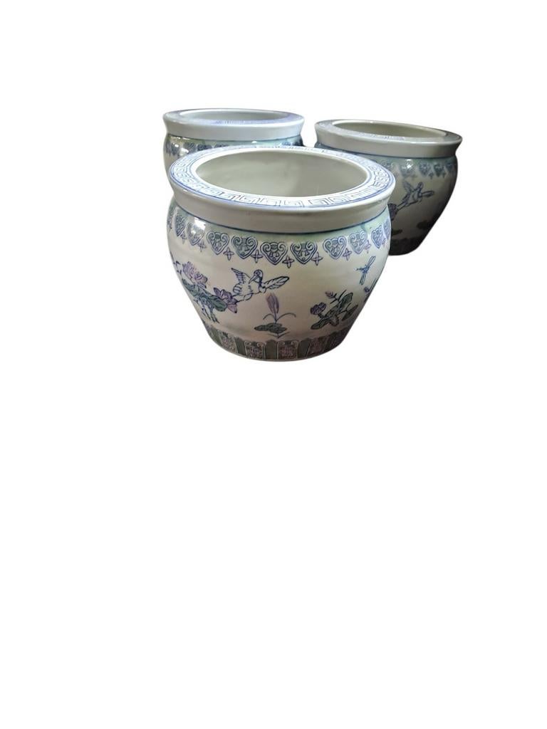 3 Chinese blauw-witte porseleinen vissenkom plantenbak, Overige materialen, Gebruikt, Blauw, Ophalen of Verzenden